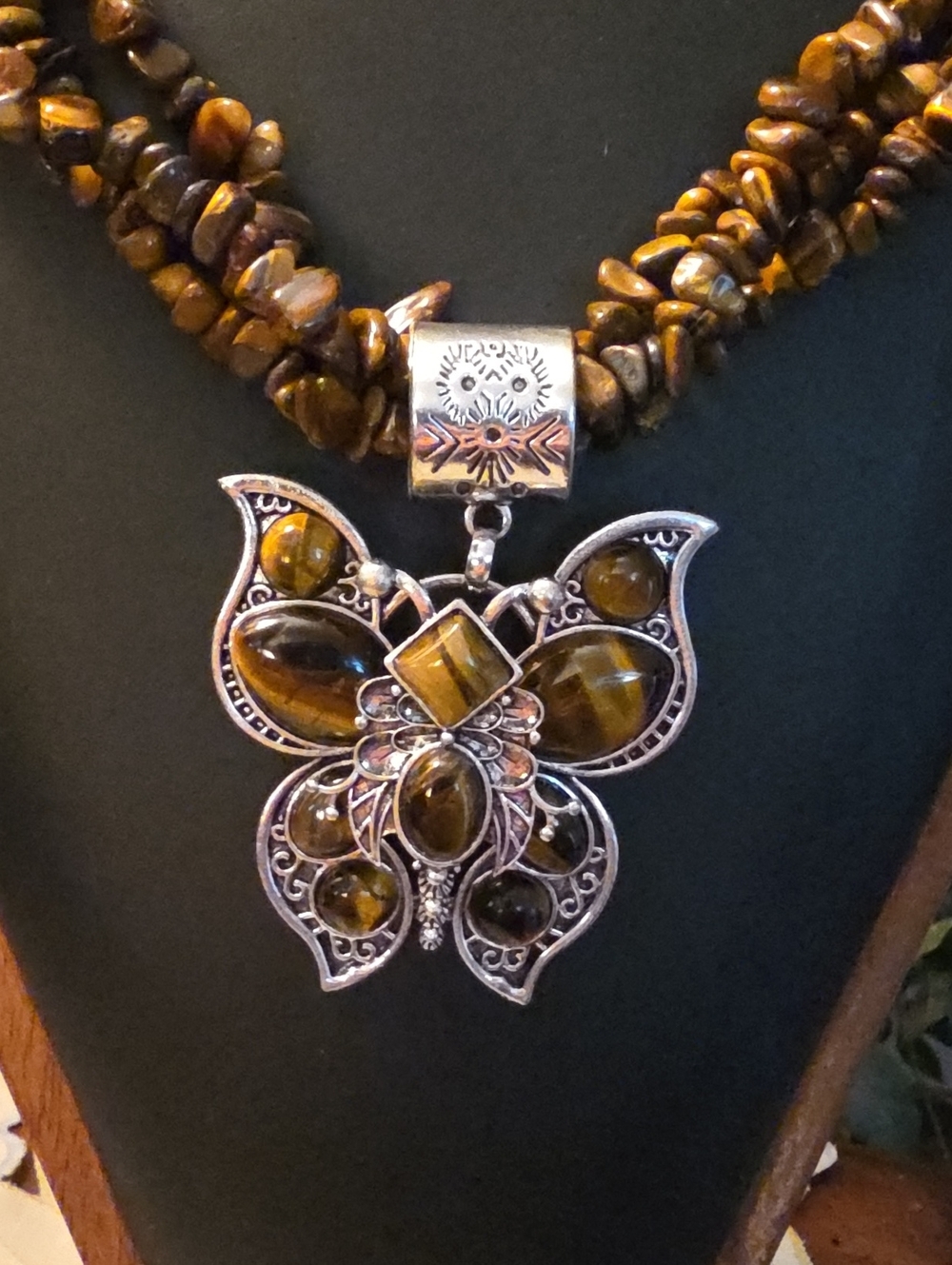 Silver Tone Butterfly Tiger's Eye Pendant Necklace